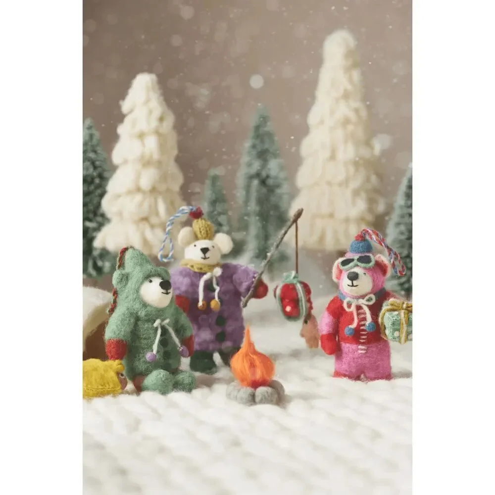Anthropologie Handmade Felt Bear Ornament Fishing Green Cozy NEW